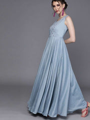 Embroidered Blue Silk Partywear Dress - inddus-us
