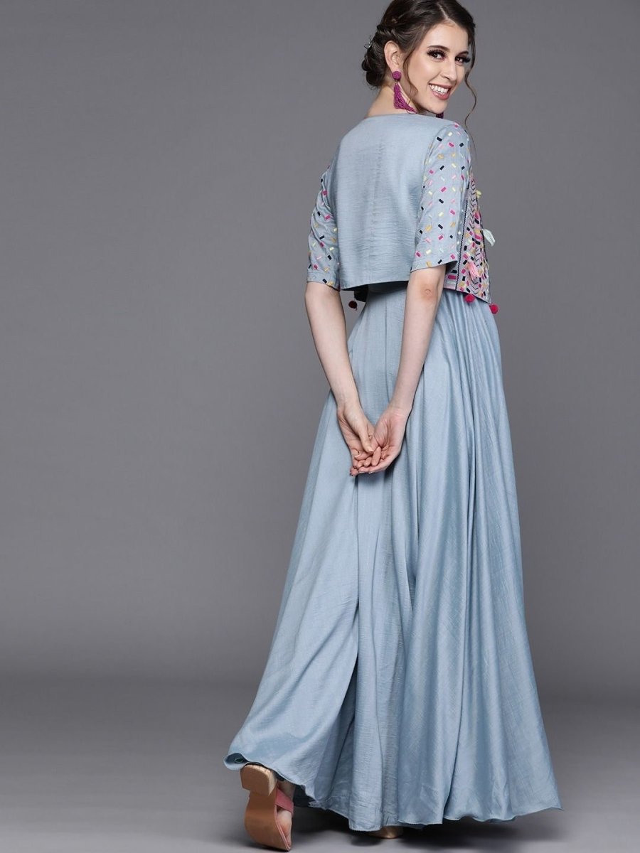 Embroidered Blue Silk Partywear Dress - inddus-us