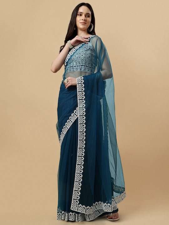 Embroidered Bordered Net Saree - Inddus.com