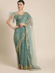 Embroidered Green Net Partywear Saree - inddus-us