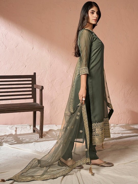 Embroidered Kurta with Trousers & Dupatta - Inddus.com