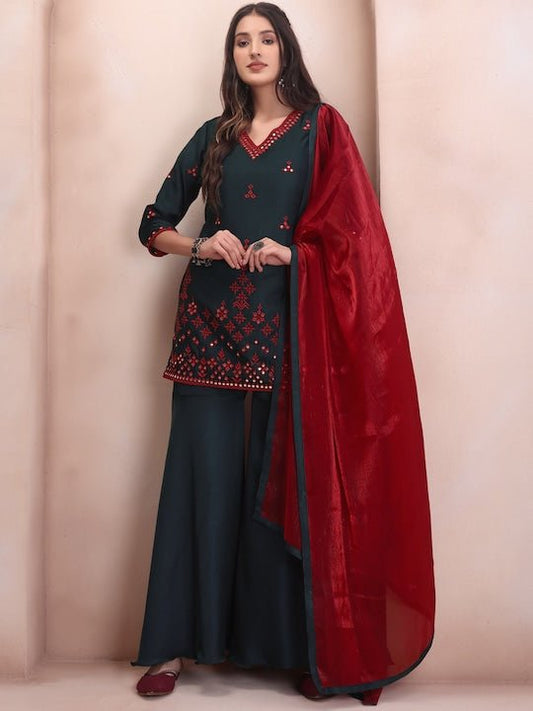 Embroidered Regular Mirror Work Kurta & Sharara With Dupatta - Inddus.com