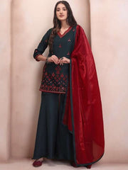 Embroidered Regular Mirror Work Kurta & Sharara With Dupatta - Inddus.com