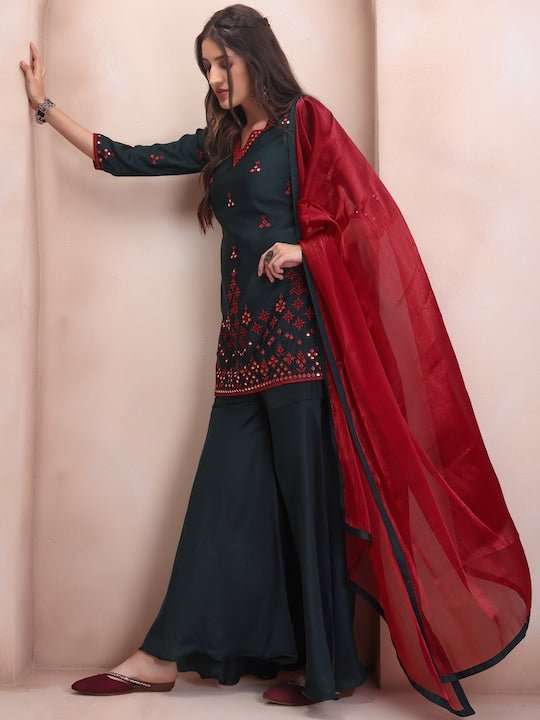 Embroidered Regular Mirror Work Kurta & Sharara With Dupatta - Inddus.com