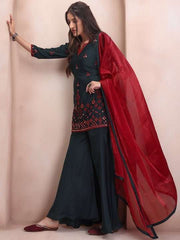 Embroidered Regular Mirror Work Kurta & Sharara With Dupatta - Inddus.com