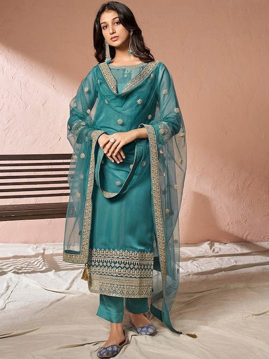 Embroidered Regular Organza Kurta with Trousers & Dupatta - Inddus.com