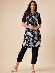 Embroidered Roll-Up Sleeves Thread Work Regular Kurta & Trousers - Inddus.com