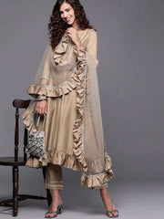 Embroidered Round Neck Kurta with Trousers & Dupatta - Inddus.com