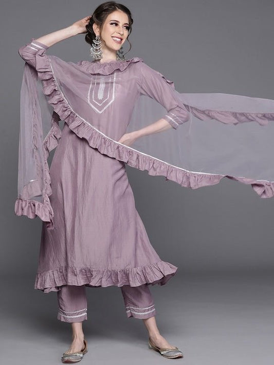 Embroidered Round Neck Kurta with Trousers & Dupatta - Inddus.com