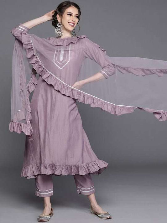 Embroidered Round Neck Kurta with Trousers & Dupatta - Inddus.com