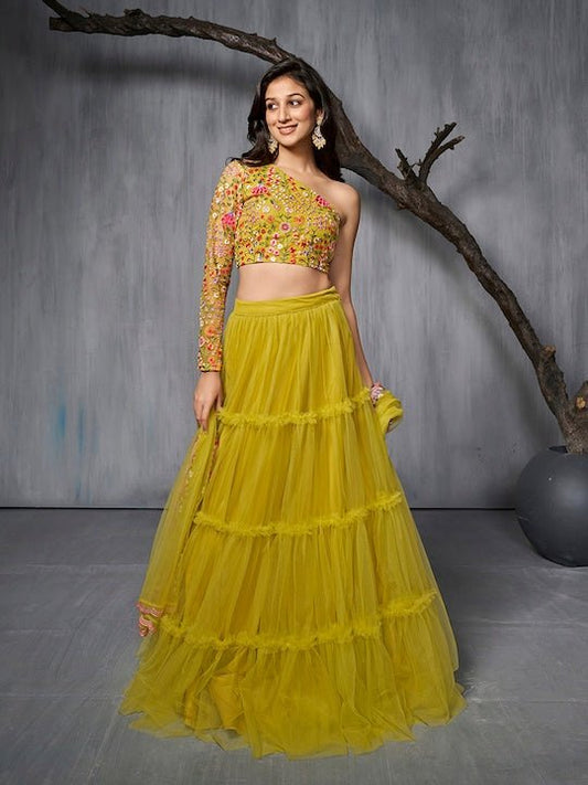 Embroidered Semi-Stitched Lehenga & Unstitched Blouse With Dupatta - Inddus.com