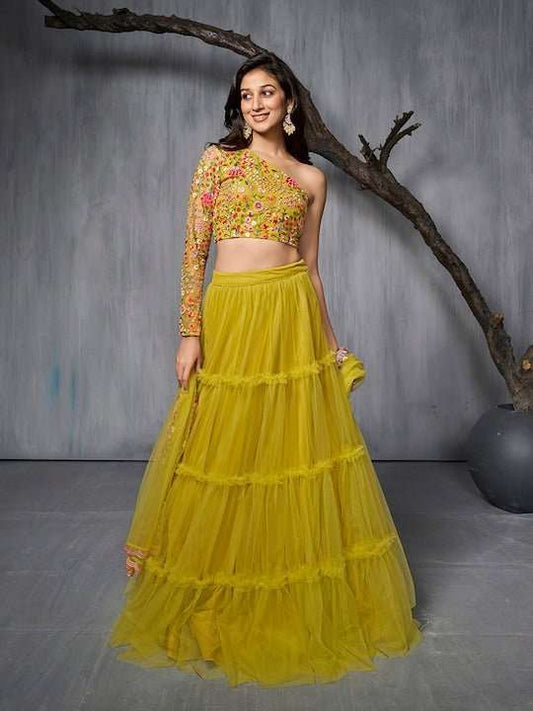 Embroidered Semi-Stitched Lehenga & Unstitched Blouse With Dupatta - Inddus.com