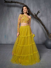 Embroidered Semi-Stitched Lehenga & Unstitched Blouse With Dupatta - Inddus.com