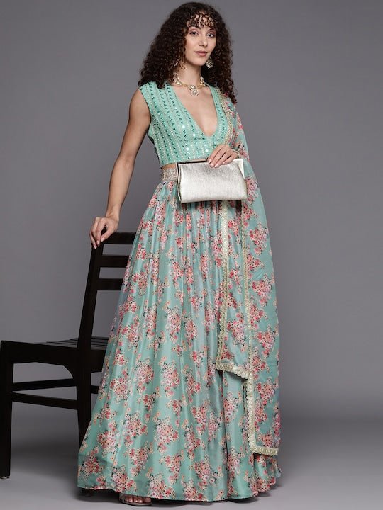 Embroidered Sequinned Unstitched Lehenga & Blouse With Dupatta - Inddus.com