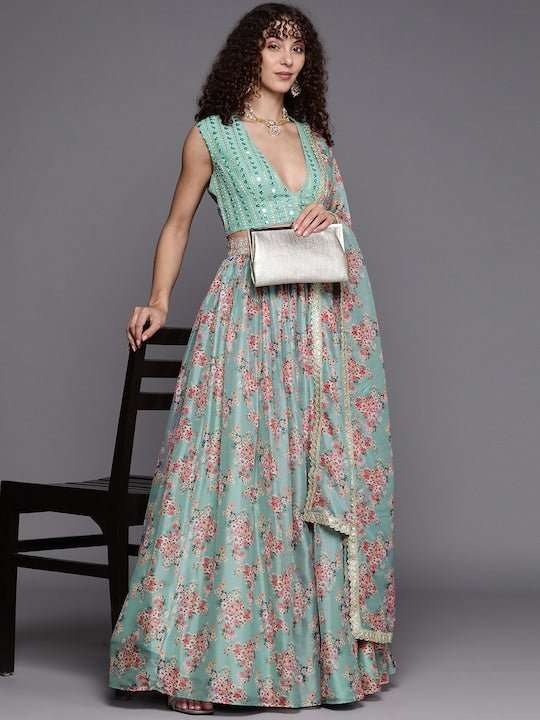 Embroidered Sequinned Unstitched Lehenga & Blouse With Dupatta - Inddus.com