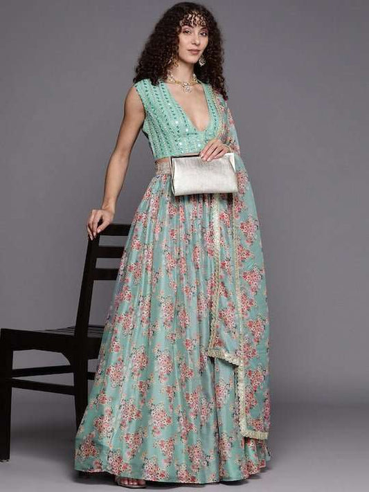 Embroidered Sequinned Unstitched Lehenga & Blouse With Dupatta - Inddus.com