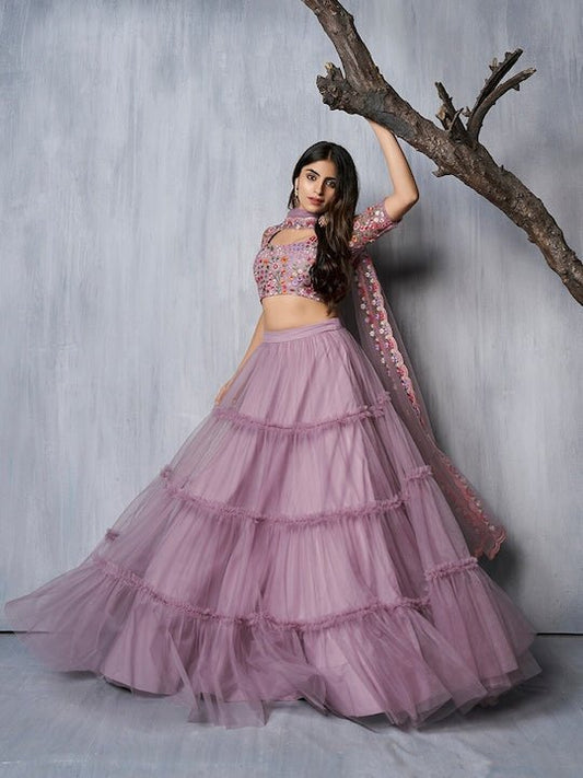 Embroidered Thread Work Semi-Stitched Lehenga & Unstitched Blouse With Dupatta - Inddus.com
