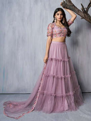 Embroidered Thread Work Semi-Stitched Lehenga & Unstitched Blouse With Dupatta - Inddus.com