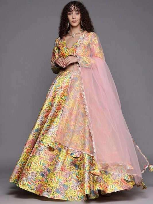 Embroidered Thread Work Unstitched Lehenga & Blouse With Dupatta - Inddus.com
