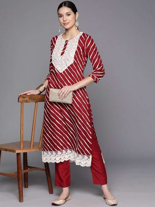 Embroidered Yoke Design Lace Up Kurta With Trouser - Inddus.com