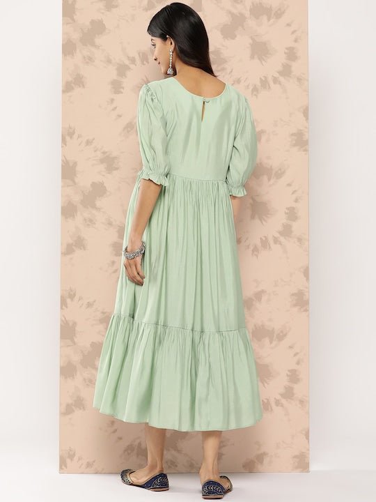 Embroidered Yoke Design Puff Sleeves Midi Ethnic Dress - Inddus.com