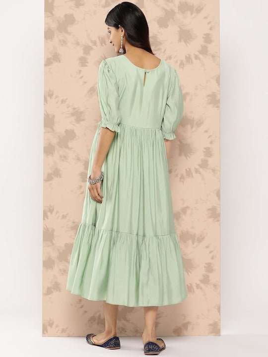 Embroidered Yoke Design Puff Sleeves Midi Ethnic Dress - Inddus.com