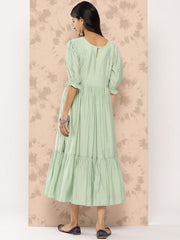 Embroidered Yoke Design Puff Sleeves Midi Ethnic Dress - Inddus.com