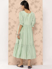 Embroidered Yoke Design Puff Sleeves Midi Ethnic Dress - Inddus.com