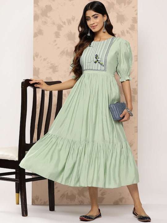 Embroidered Yoke Design Puff Sleeves Midi Ethnic Dress - Inddus.com