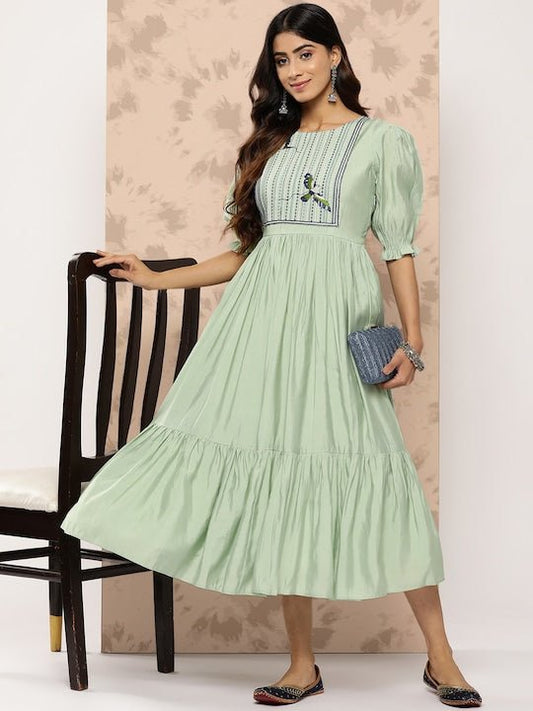 Embroidered Yoke Design Puff Sleeves Midi Ethnic Dress - Inddus.com