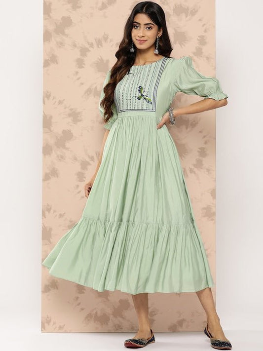 Embroidered Yoke Design Puff Sleeves Midi Ethnic Dress - Inddus.com