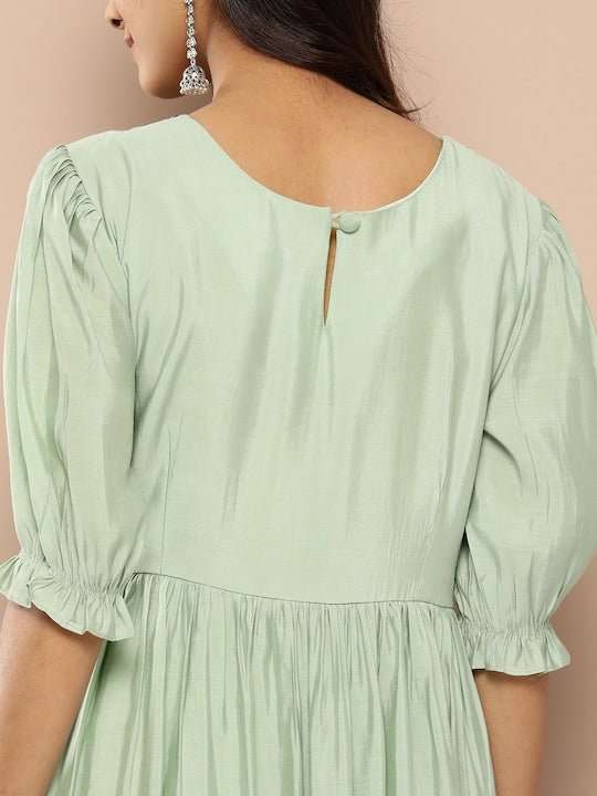 Embroidered Yoke Design Puff Sleeves Midi Ethnic Dress - Inddus.com