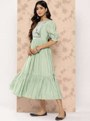 Embroidered Yoke Design Puff Sleeves Midi Ethnic Dress - Inddus.com