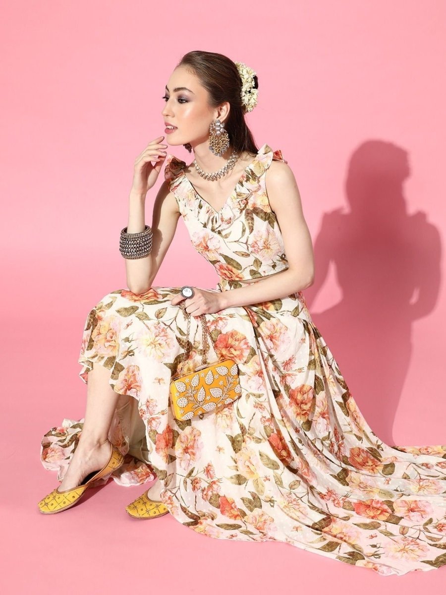 Enthralling Cream Polyester Printed Crop Top - inddus-us