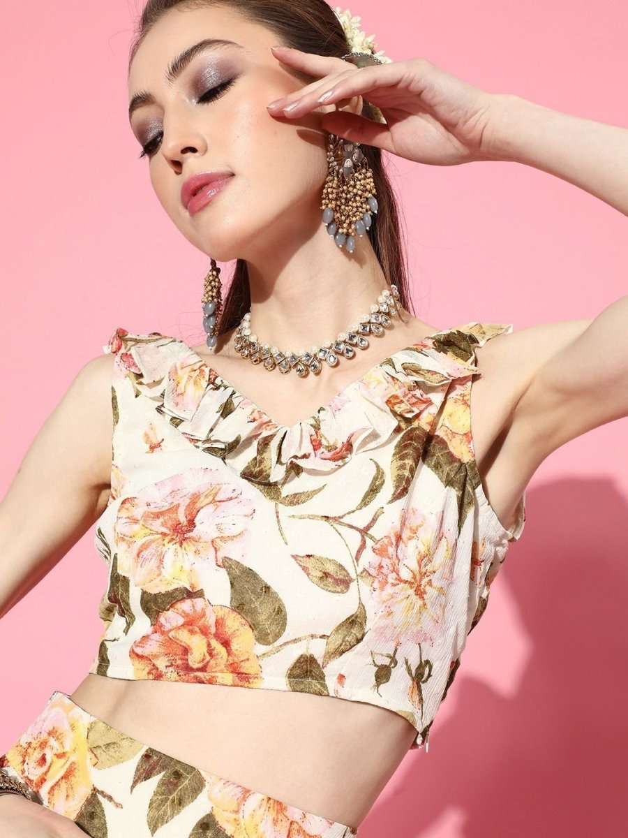 Enthralling Cream Polyester Printed Crop Top - inddus-us