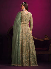 Enthralling Sea Green Net Embroidered Festive Gown - Inddus.com