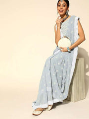 ethnic motif poly-georgette saree with embroidered border