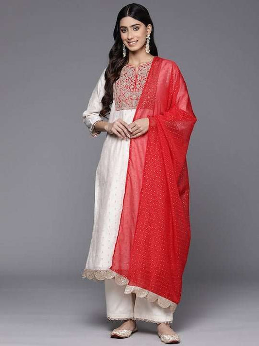 Ethnic Motifs Embroidered Chanderi Cotton Kurta With Palazzos & Dupatta - Inddus.com