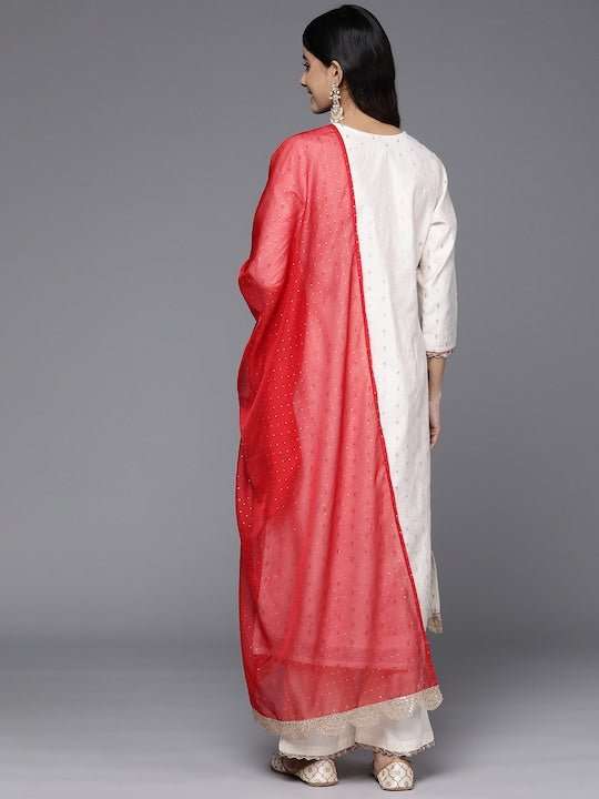 Ethnic Motifs Embroidered Chanderi Cotton Kurta With Palazzos & Dupatta - Inddus.com