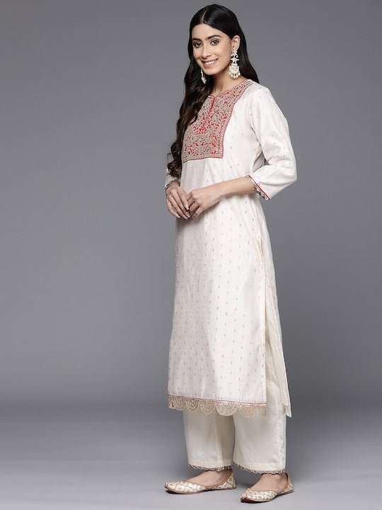 Ethnic Motifs Embroidered Chanderi Cotton Kurta With Palazzos & Dupatta - Inddus.com