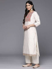 Ethnic Motifs Embroidered Chanderi Cotton Kurta With Palazzos & Dupatta - Inddus.com