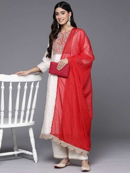 Ethnic Motifs Embroidered Chanderi Cotton Kurta With Palazzos & Dupatta - Inddus.com