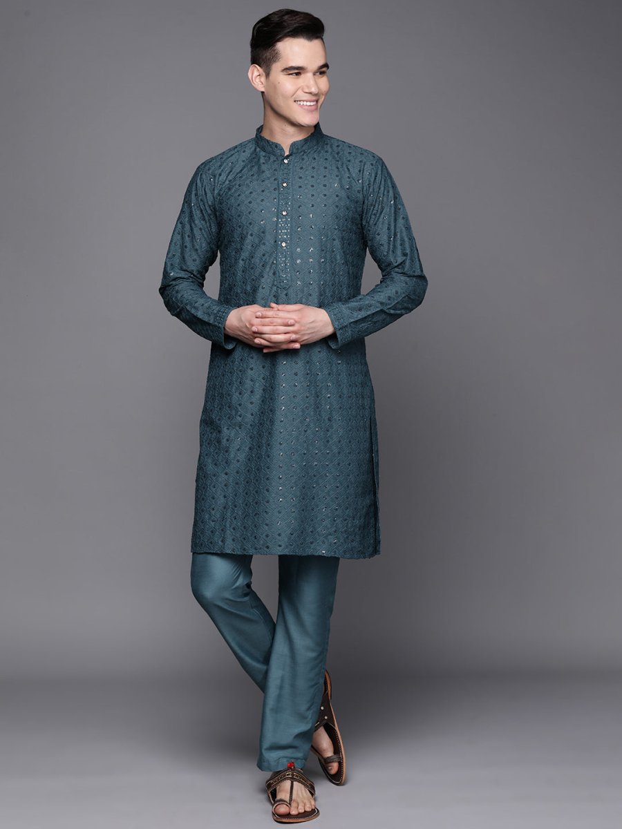 Ethnic Motifs Embroidered Chikankari Kurta with Trousers - Inddus.com