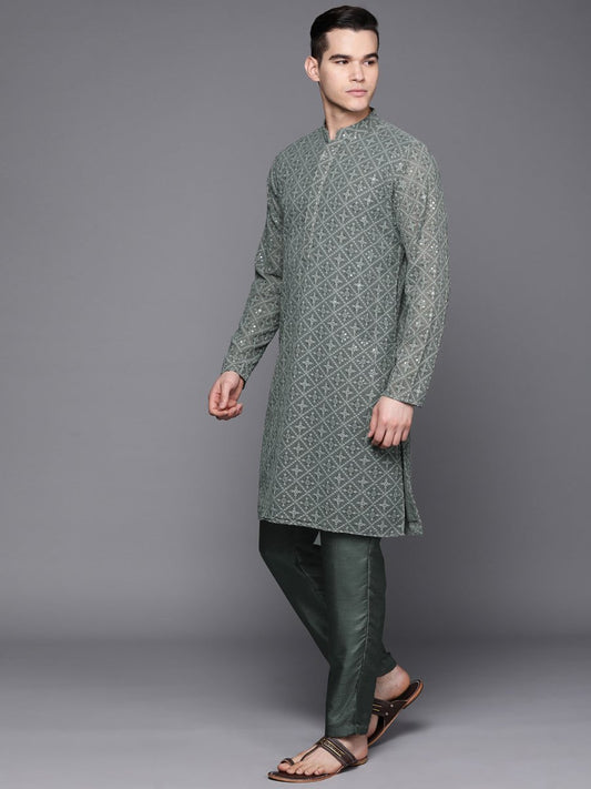 Ethnic Motifs Embroidered Chikankari Kurta with Trousers - Inddus.com