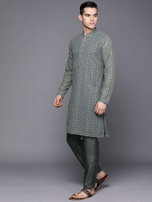 Ethnic Motifs Embroidered Chikankari Kurta with Trousers - Inddus.com