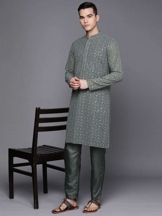 Ethnic Motifs Embroidered Chikankari Kurta with Trousers - Inddus.com