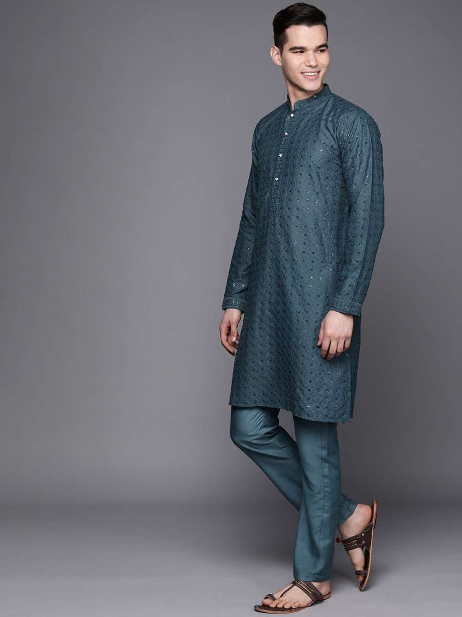 Ethnic Motifs Embroidered Chikankari Kurta with Trousers - Inddus.com