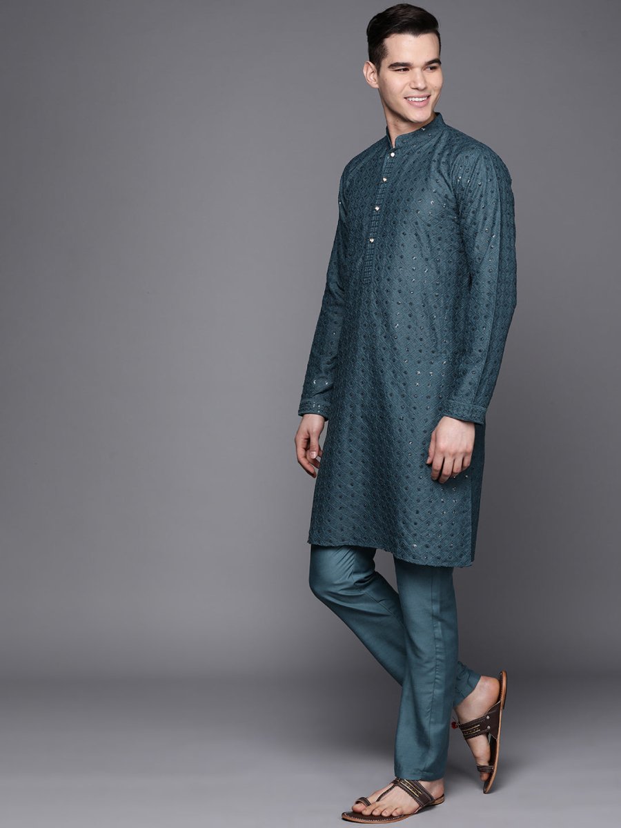 Ethnic Motifs Embroidered Chikankari Kurta with Trousers - Inddus.com