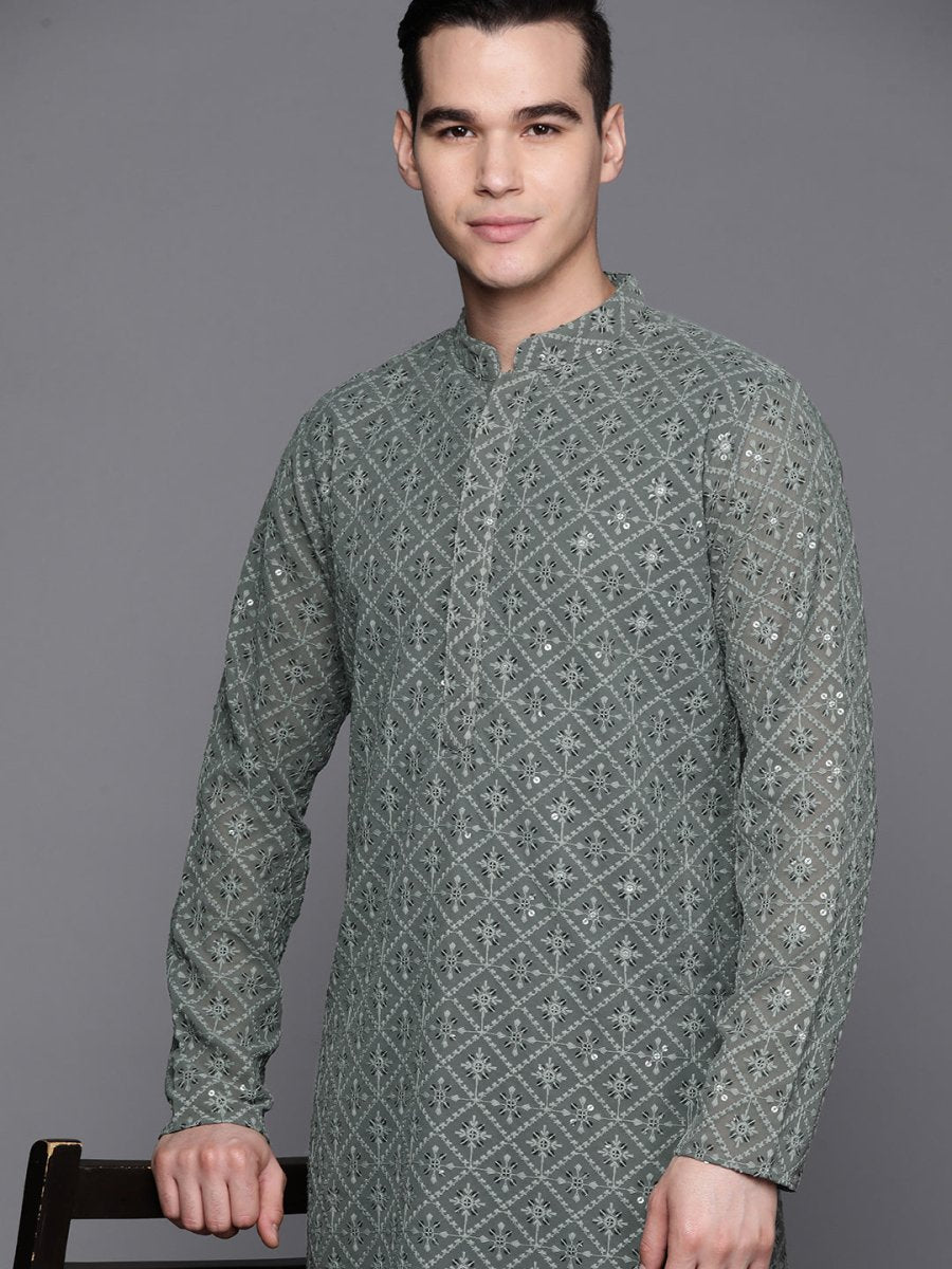 Ethnic Motifs Embroidered Chikankari Kurta with Trousers - Inddus.com