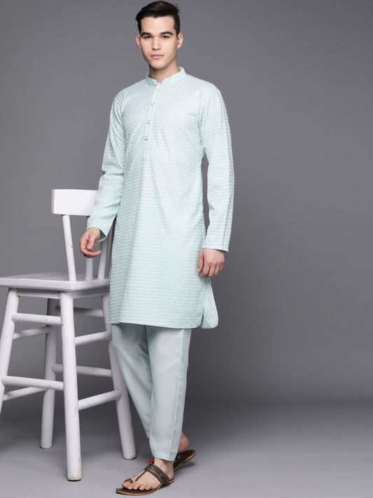 Ethnic Motifs Embroidered Chikankari Kurta with Trousers - Inddus.com